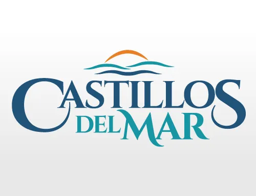 Castillos del Mar logo in navy and teal with an orange sun over waves