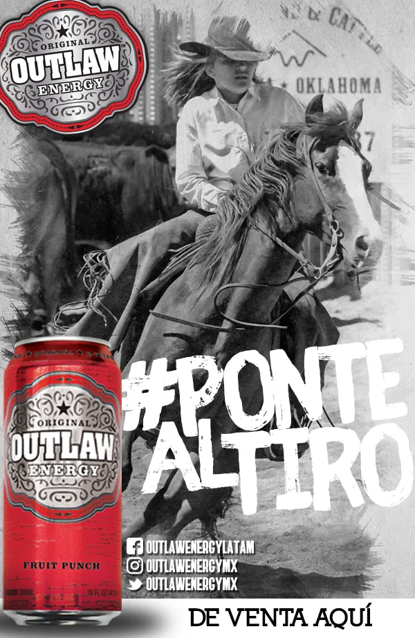 Cartel de Outlaw Energy con un jinete de rodeo en blanco y negro, una lata roja y el hashtag #PonteAlTiro