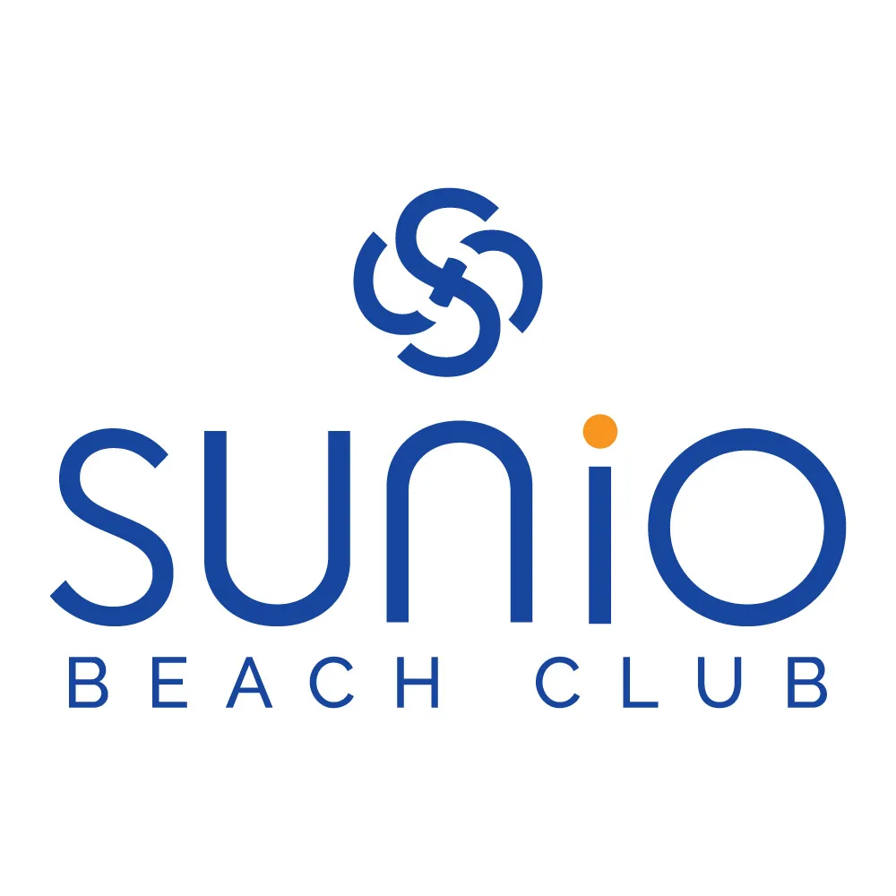 Sunio Beach Club logo in blue with an interlocking S monogram and an orange dot over the i