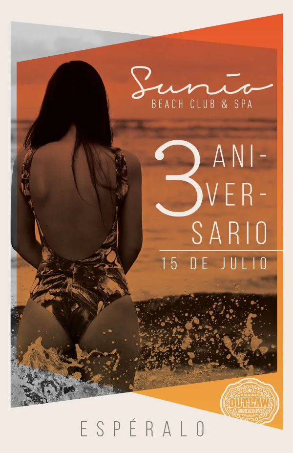 Sunio third anniversary poster with a sunset beach photo and orange geometric shapes